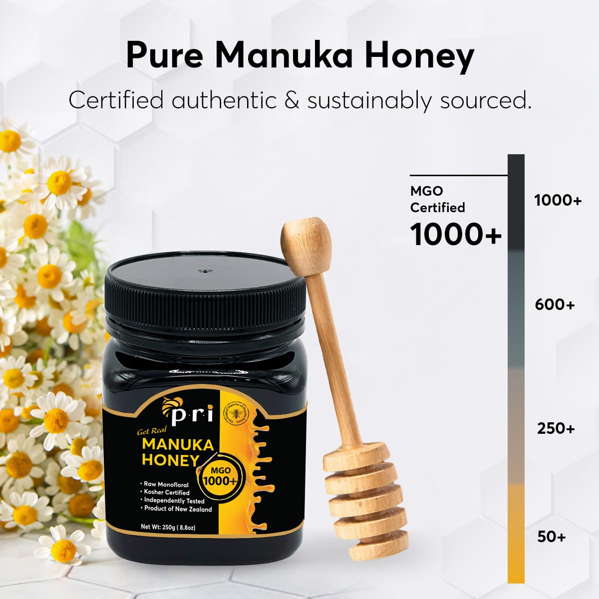 P.R.I Manuka Honey MGO 1000+ batch test label emphasizes traceability.