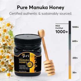 P.R.I Manuka Honey MGO 1000+ batch test label emphasizes traceability.