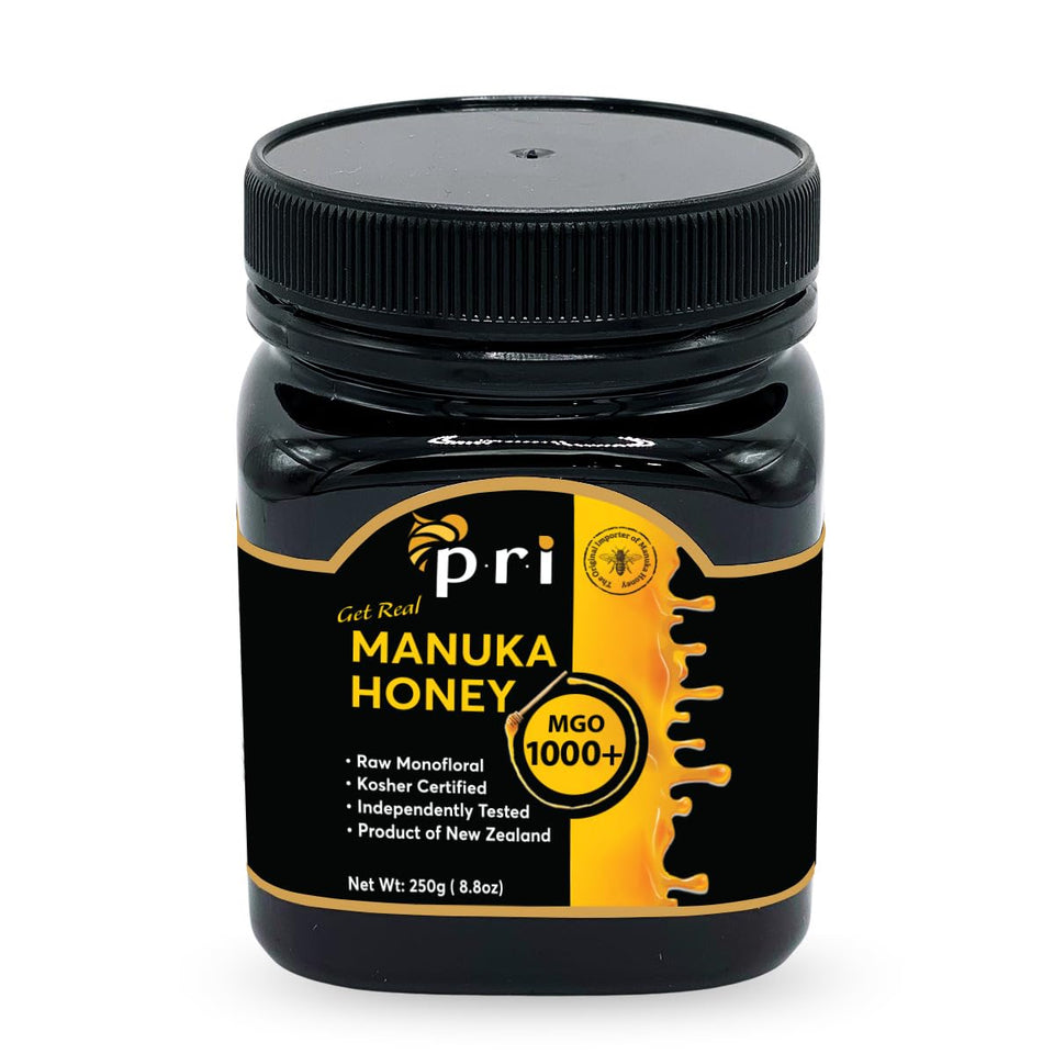 P.R.I Manuka Honey MGO 1000+ bottle highlighting premium potency for daily use.
