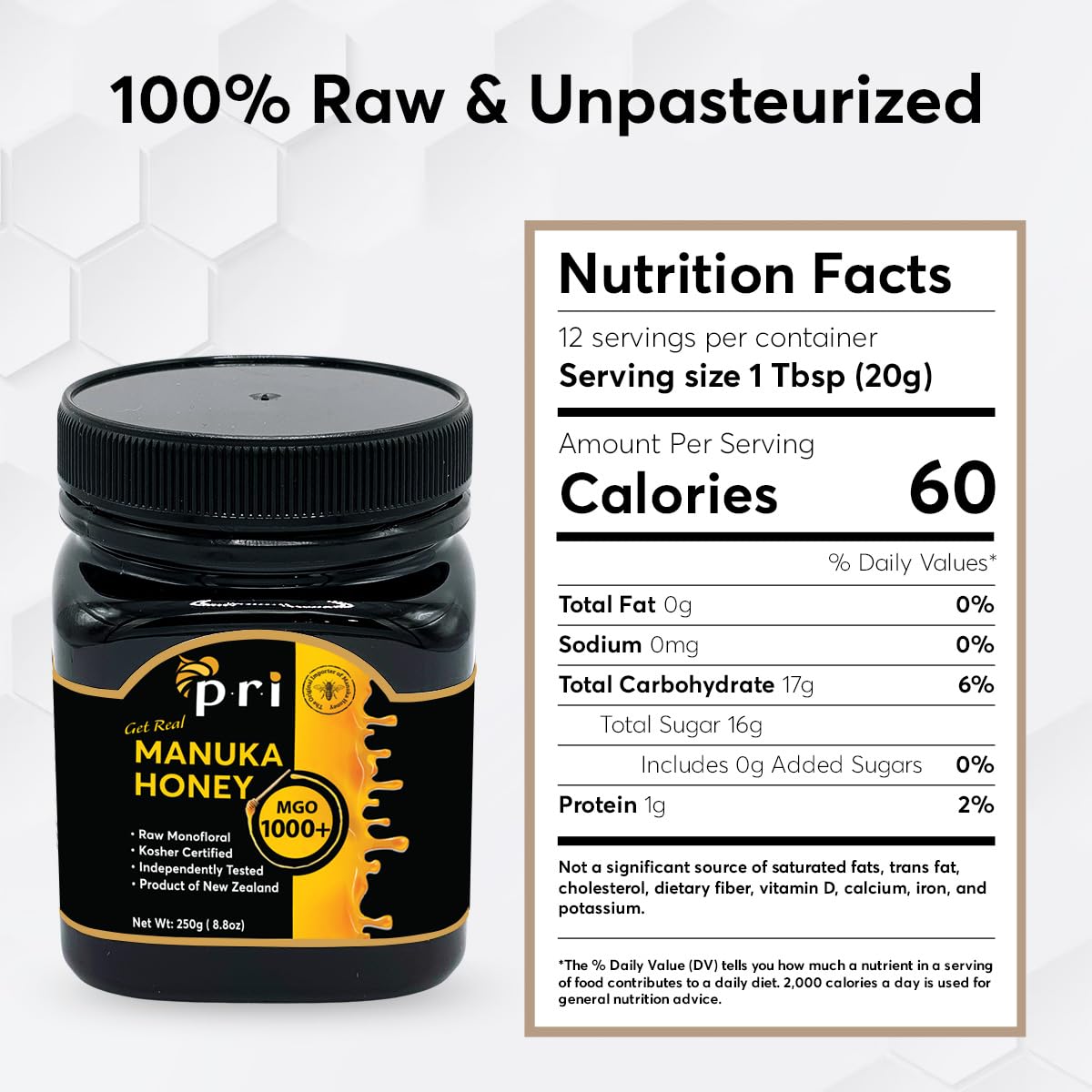 P.R.I Manuka Honey MGO 1000+ jar lid QR code linking to batch results.