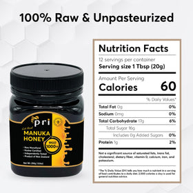 P.R.I Manuka Honey MGO 1000+ jar lid QR code linking to batch results.