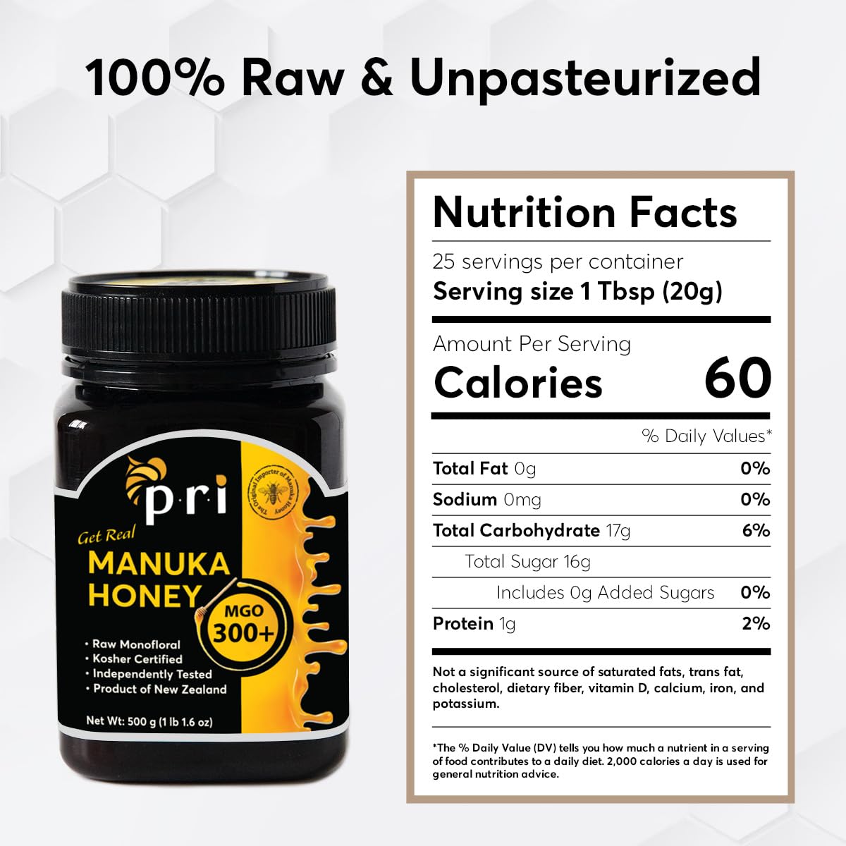 P.R.I Manuka honey on a wooden board displaying smooth amber color.