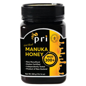 P.R.I Manuka honey jar with label highlighting elevated MGO 300+ purity.