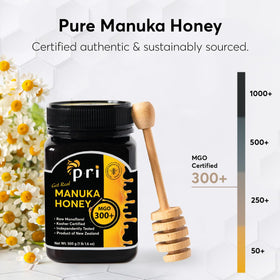 P.R.I Manuka honey lid features a scannable QR code for batch results.