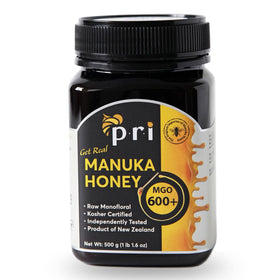 P.R.I Manuka Honey MGO 600+ bottle front showing authentic label for experienced users