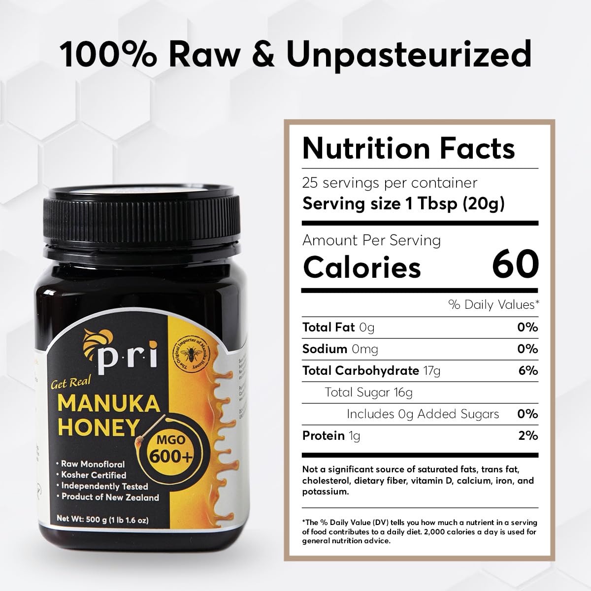 P.R.I Manuka Honey MGO 600+ label detail emphasizing New Zealand standards