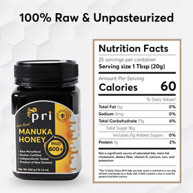 P.R.I Manuka Honey MGO 600+ label detail emphasizing New Zealand standards