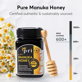 P.R.I Manuka Honey MGO 600+ lid with QR code visible for full traceability