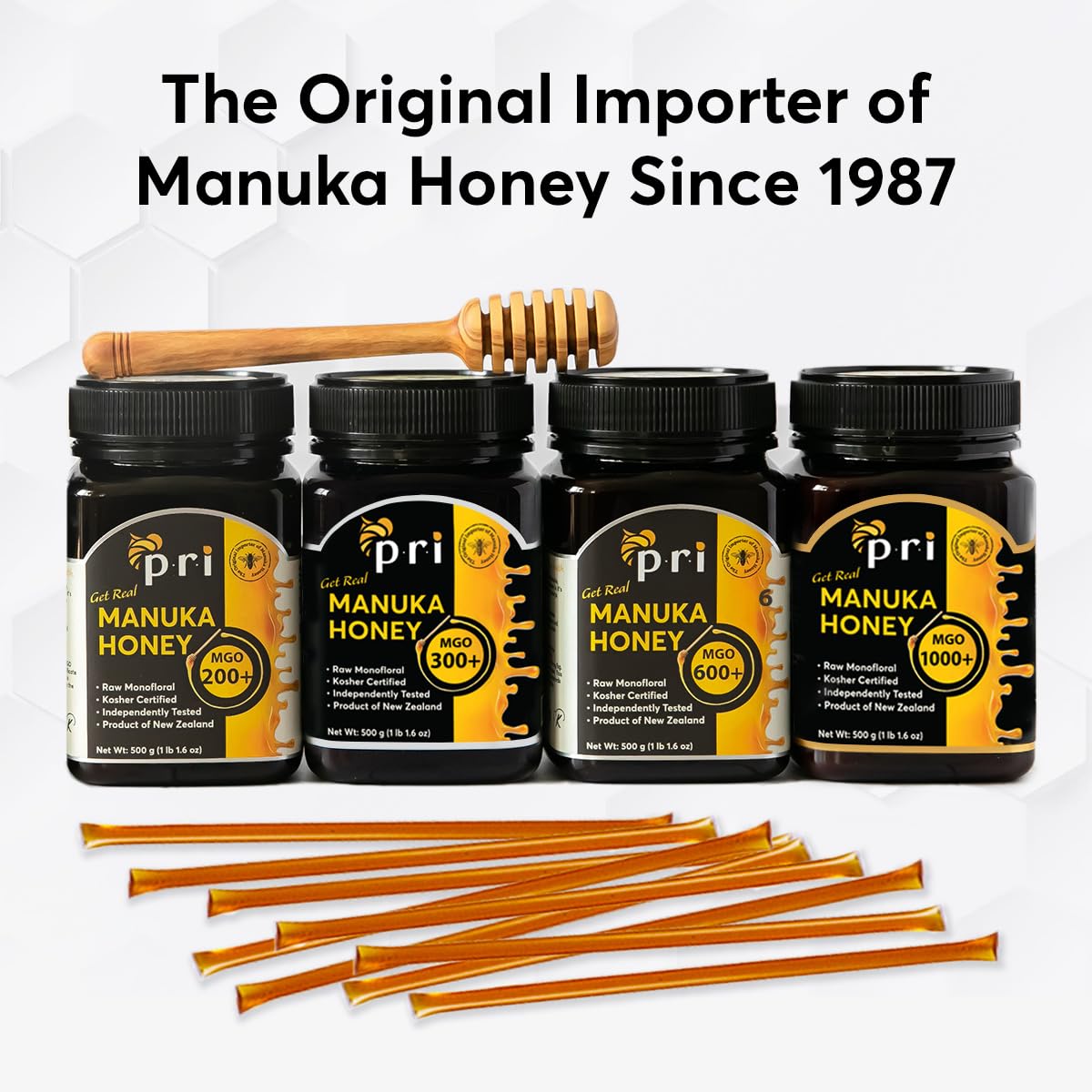 P.R.I Manuka Honey Sticks with COA batch certification for traceability.