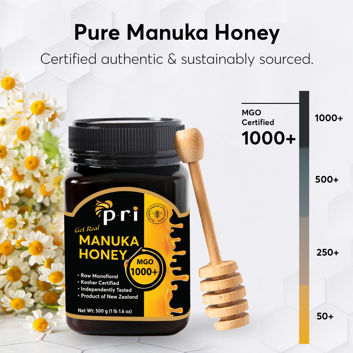 P.R.I Manuka MGO 1000 bottle front showing rich amber honey.