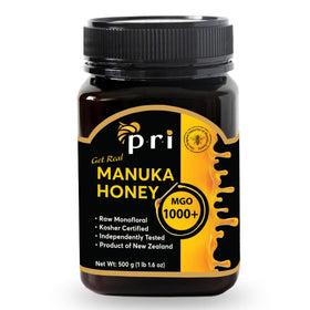 P.R.I Manuka MGO 1000 jar lid closeup with QR code for batch transparency.