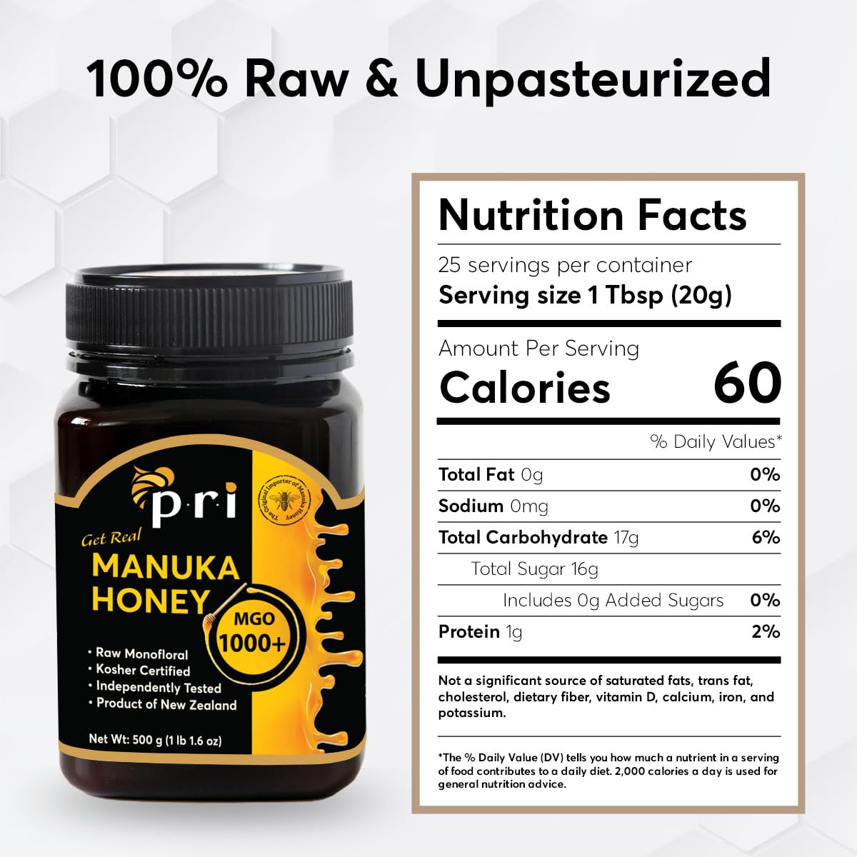 P.R.I Manuka MGO 1000 jar with spoon ready to drizzle.