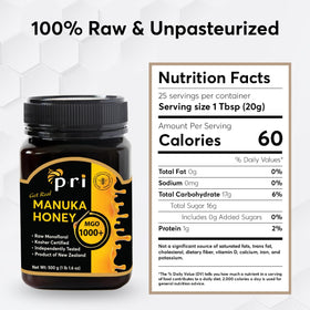 P.R.I Manuka MGO 1000 jar with spoon ready to drizzle.