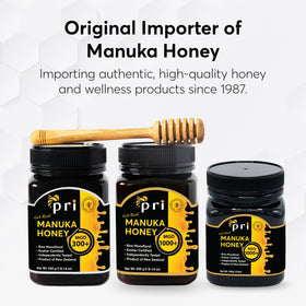 P.R.I Manuka MGO 1000 lid QR code highlights traceability.