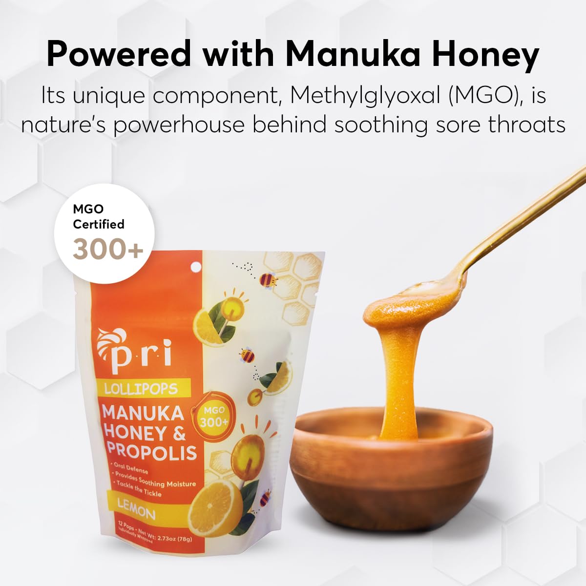 Close-up of P.R.I propolis and menthol lollipop for refreshing finish