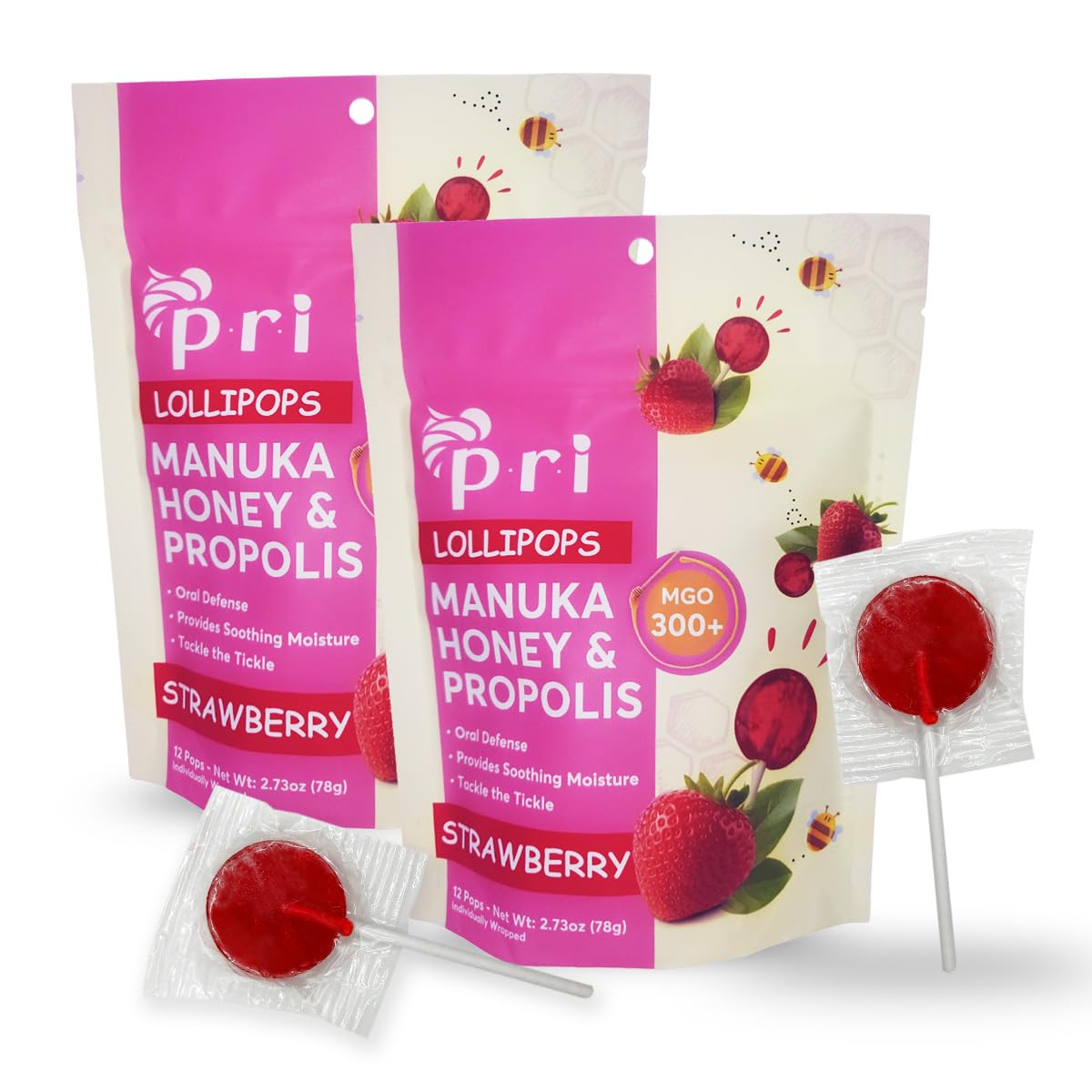 P.R.I Strawberry Manuka lollipops pack front for on-the-go soothing and brand visibility.