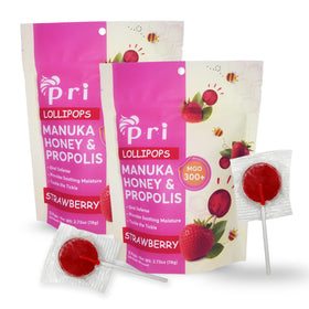 P.R.I Strawberry Manuka lollipops pack front for on-the-go soothing and brand visibility.