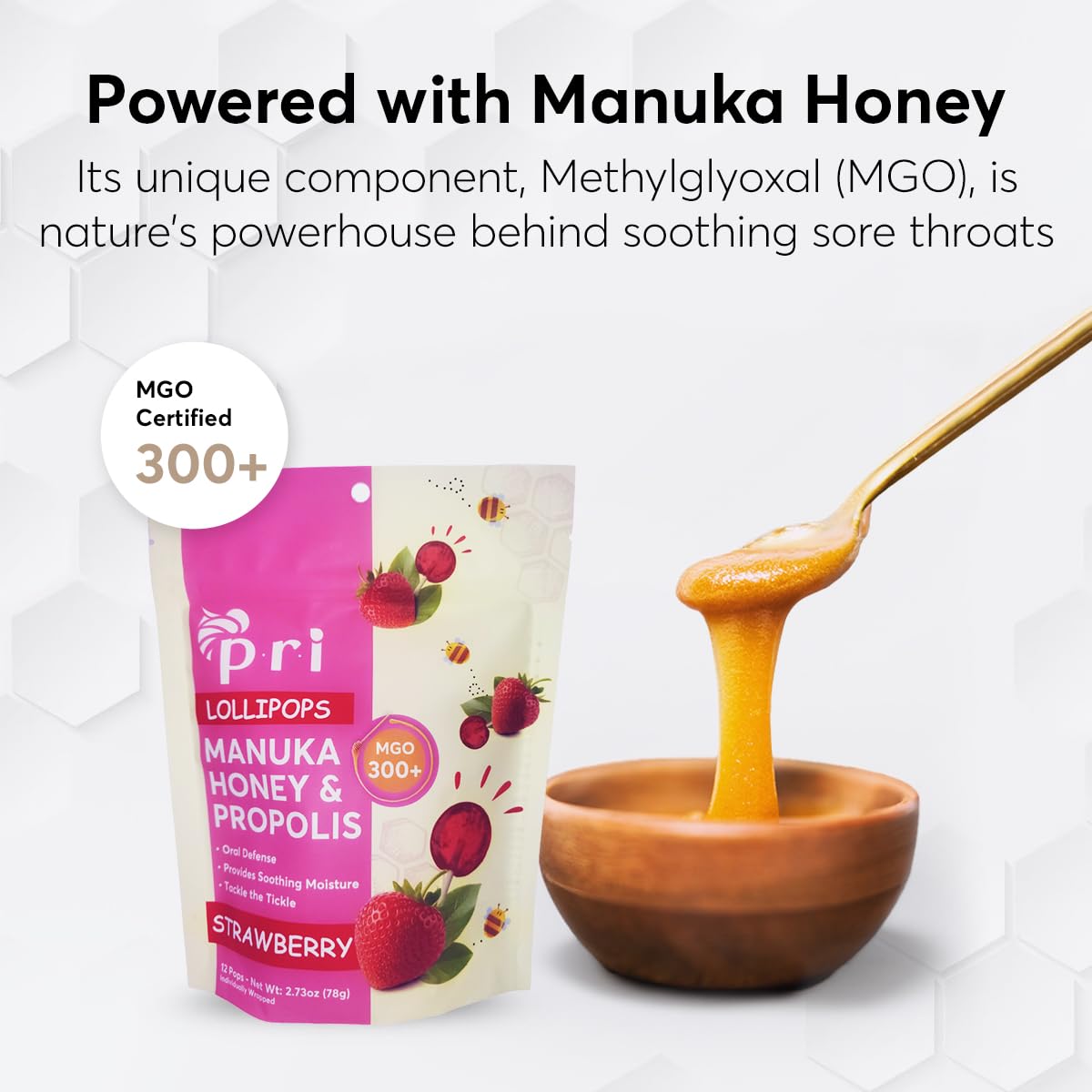 P.R.I Manuka lollipop with propolis and menthol delivers refreshing flavor and plant-sourced notes.