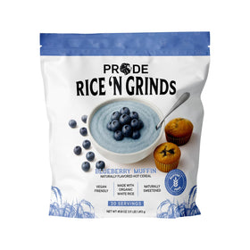 Pride Foods Rice 'N Grinds blueberry muffin cereal box, gluten-free vegan breakfast option.