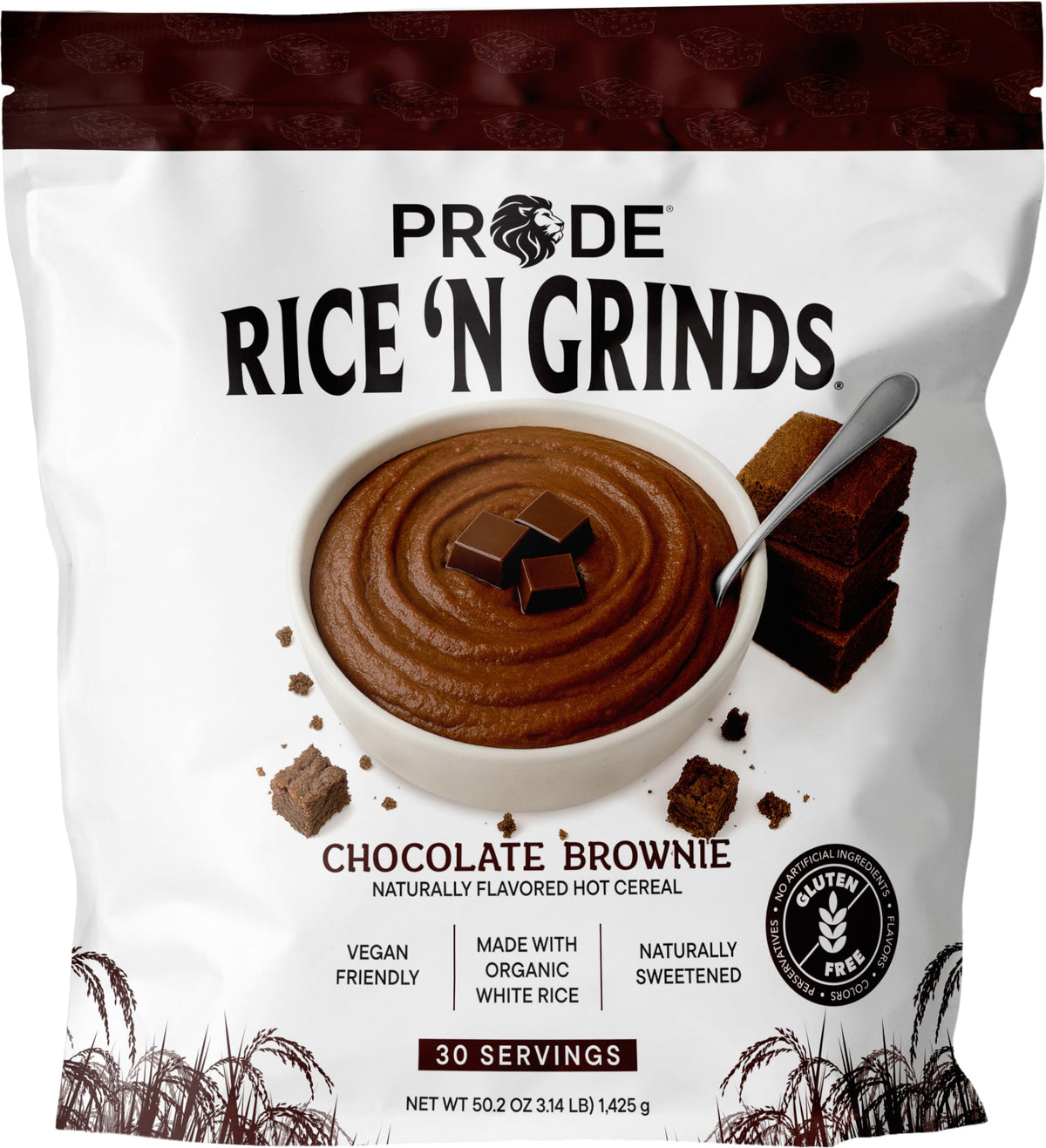 Pride Foods Rice ’N Grinds hot cereal in a bowl, gluten-free and non-GMO.