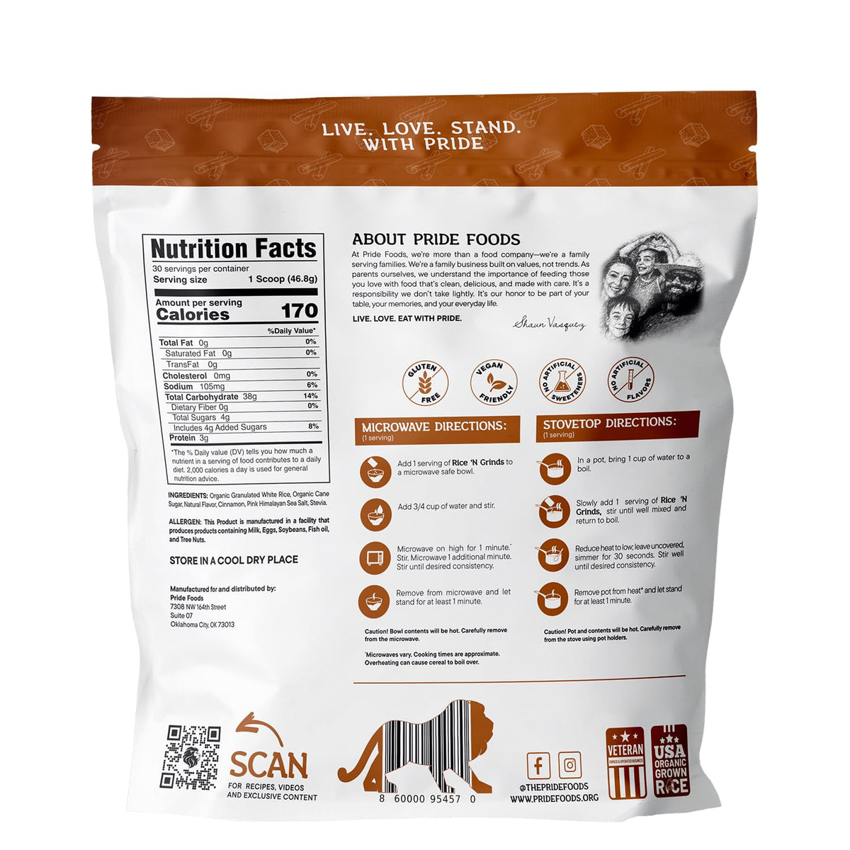 Pride Foods Rice 'N Grinds packaging highlighting gluten-free, vegan ingredients for busy mornings.