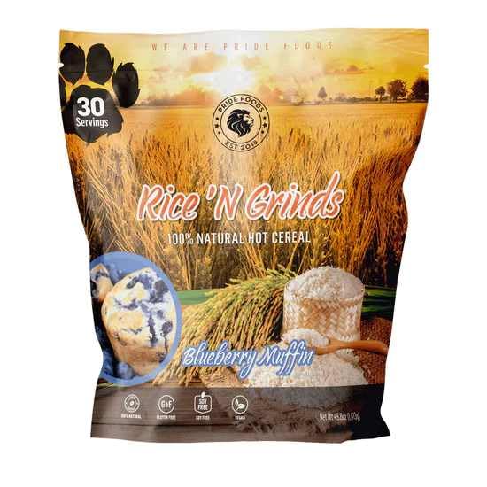Pride Foods Rice 'N Grinds blueberry muffin packaging, low-fat comfort breakfast.