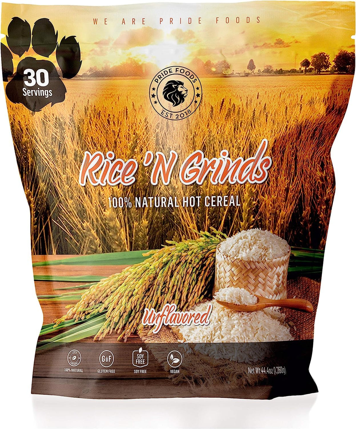 Pride Foods Rice 'N Grinds rice grains closeup, natural texture highlighting plant-based breakfast