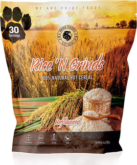 Pride Foods Rice 'N Grinds rice grains closeup, natural texture highlighting plant-based breakfast