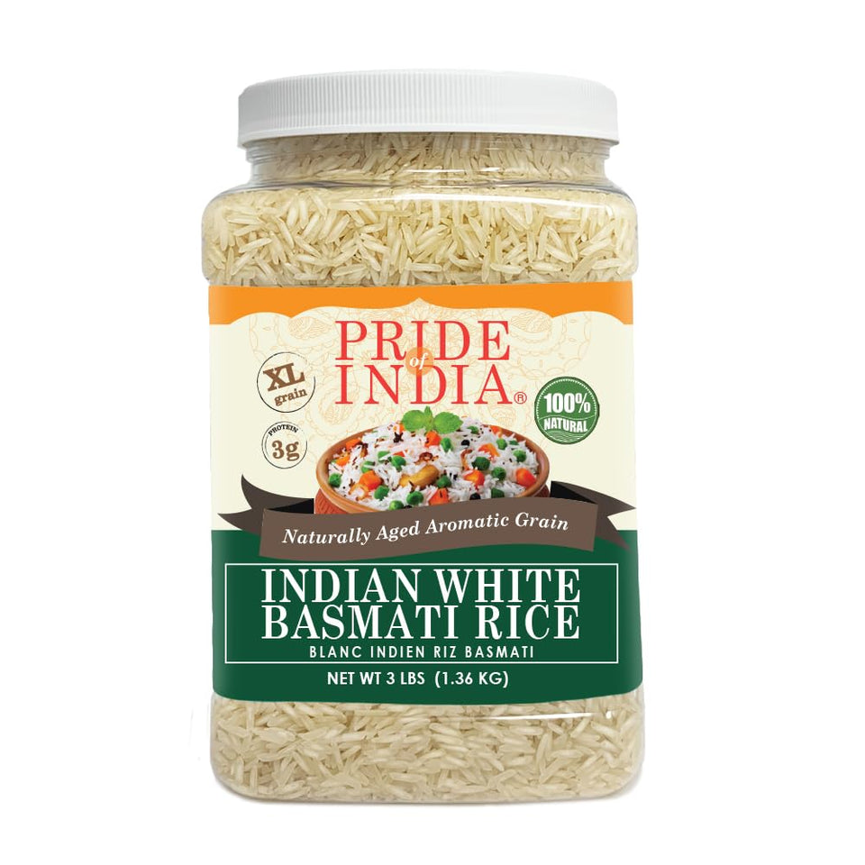 Pride Of India Basmati Rice extra long grain ready for fluffy, separate grains.