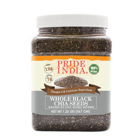 Pride Of India Black Chia Seeds jar closeup showing freshness and texture.