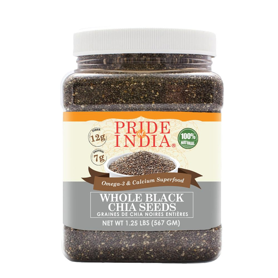 Pride Of India Black Chia Seeds jar closeup showing freshness and texture.