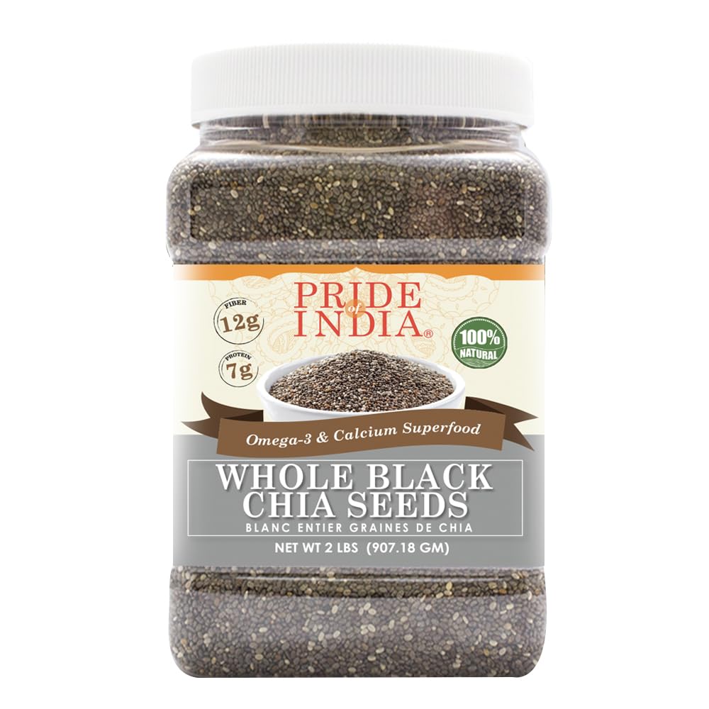 Pride Of India black chia seeds jar shown for easy daily use in smoothies and puddings.