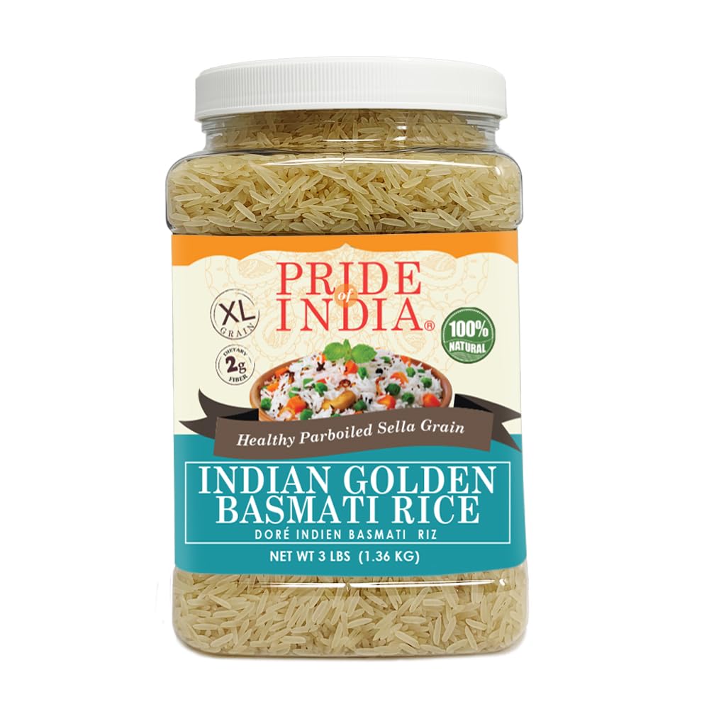 Pride Of India extra-long basmati rice jar front shows premium golden grains for fluffy meals.