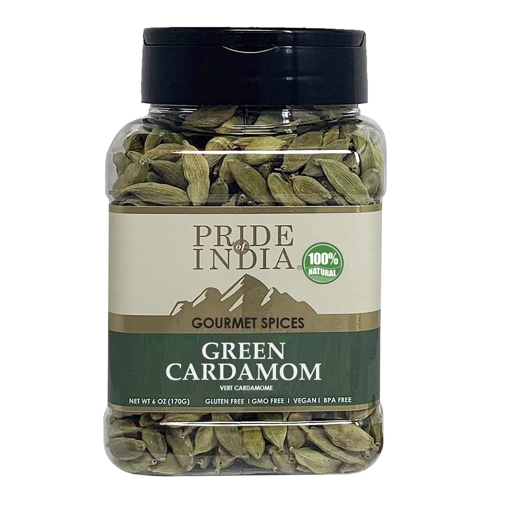 Pride of India Green Cardamom Pods 6oz in a resealable jar for fresh whole pods.