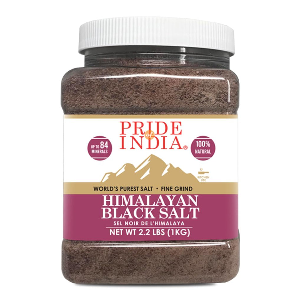 Pride Of India Himalayan black salt fine grind bottle pour enhances seasoning and flavor control.
