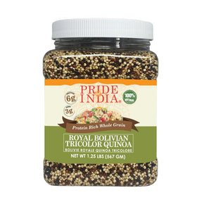 Pride Of India tri-color quinoa packaging ready for pantry storage