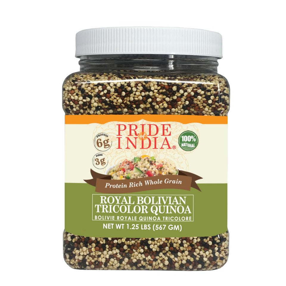 Pride Of India tri-color quinoa packaging ready for pantry storage
