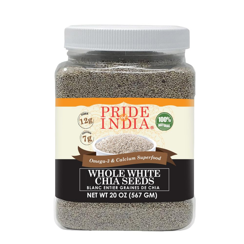 Pride Of India White Chia Seeds jar highlighting high-fiber nutrition for daily meals