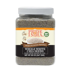 Pride Of India White Chia Seeds jar highlighting high-fiber nutrition for daily meals