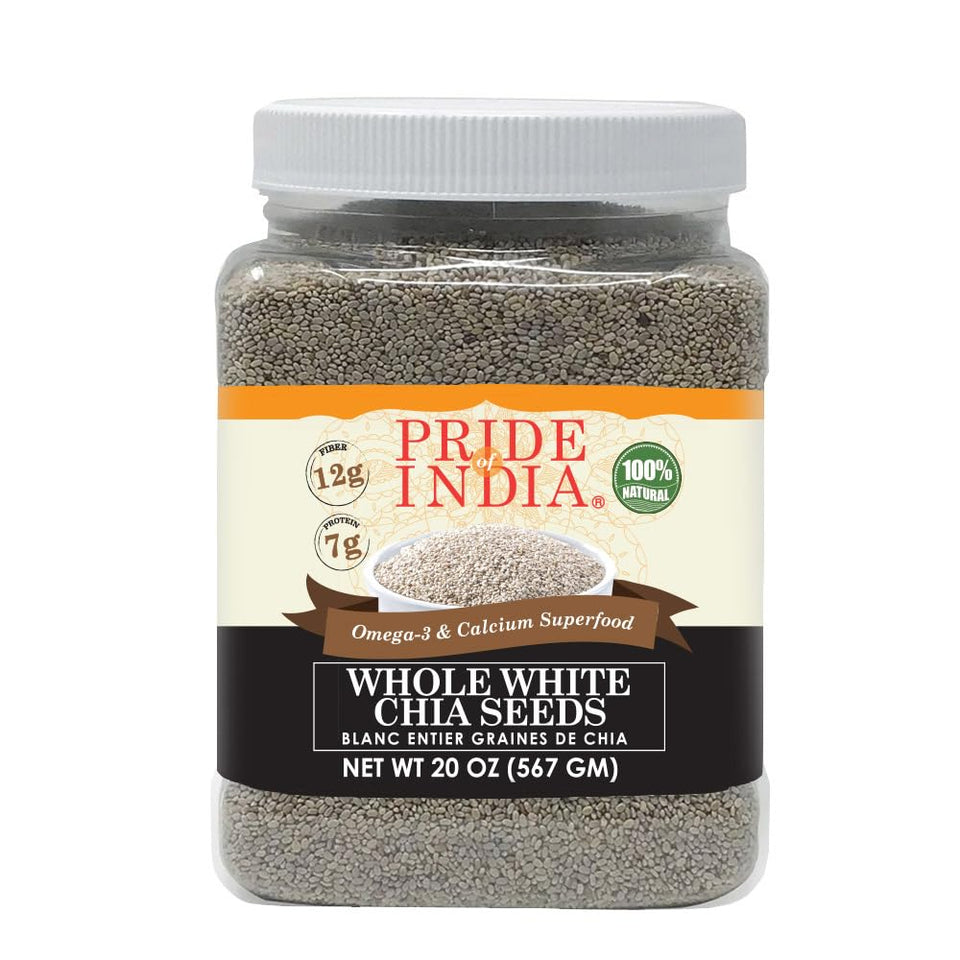 Pride Of India White Chia Seeds jar highlighting high-fiber nutrition for daily meals