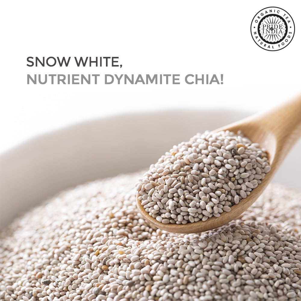 Pouring Pride Of India White Chia Seeds, ideal for smoothies and puddings