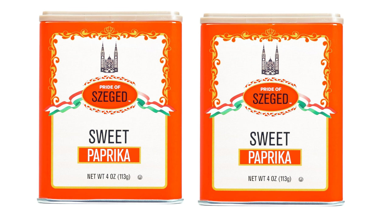 Pride Of Szeged Szeged Sweet Paprika bottle adds vibrant color to meals.