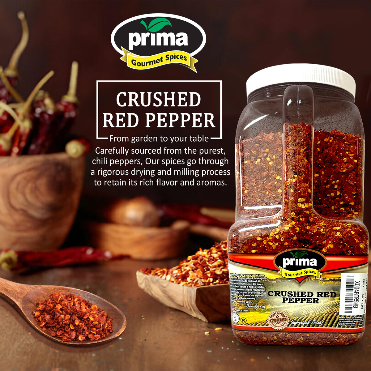 Prima Spice Crushed Red Pepper Flakes heat up pizzas and pastas.