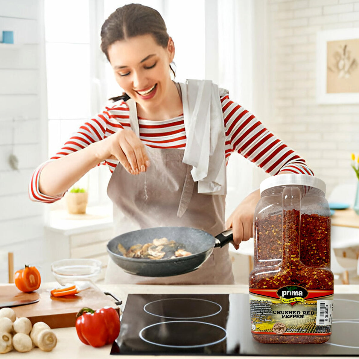Prima Spice Crushed Red Pepper Flakes kitchen essentials in pantry.