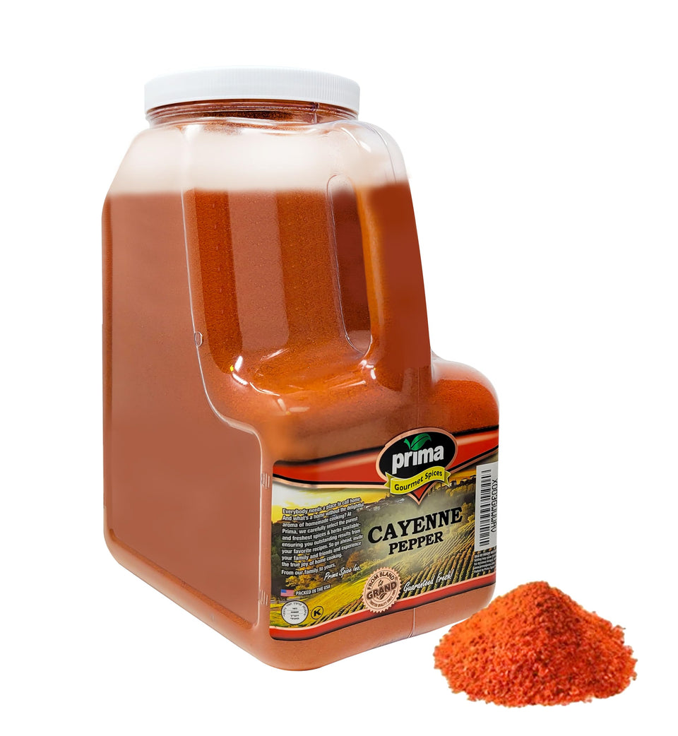 Prima Spice hot cayenne powder jar label highlights 60,000 SHU heat and bold flavor.
