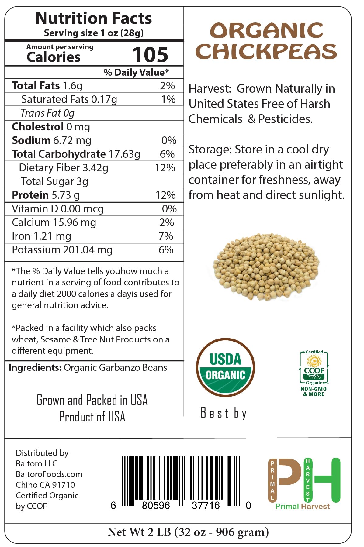PRIMAL HARVEST garbanzo beans – US-grown, not irradiated, premium quality