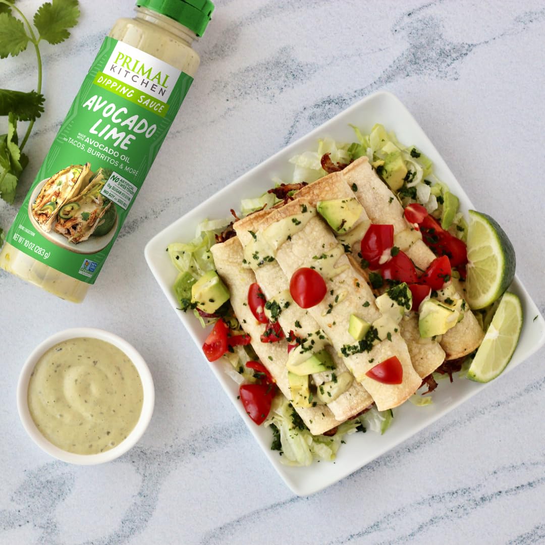 Primal Kitchen Avocado Lime drizzle on tacos and salads for bright flavor.