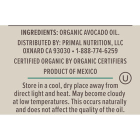 Primal Kitchen Avocado Oil 500ml label closeup highlighting organic quality and versatile use.