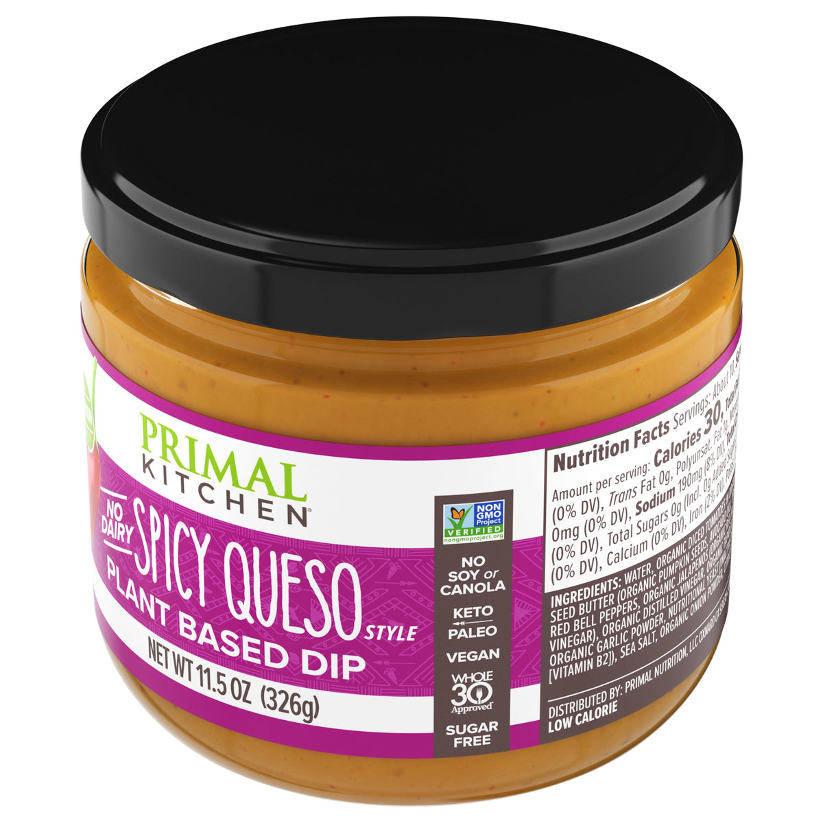 Primal Kitchen Dip Queso Spicy no-dairy pack seal hints freshness.