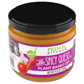 Primal Kitchen Dip Queso Spicy vegan label close-up signals dairy-free choice.